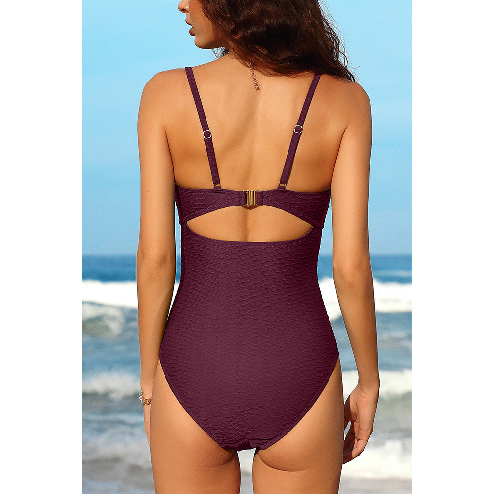 Charmo Women's Scalloped Trim Bow Front Cutout Textured Open Back One Piece Swimsuit