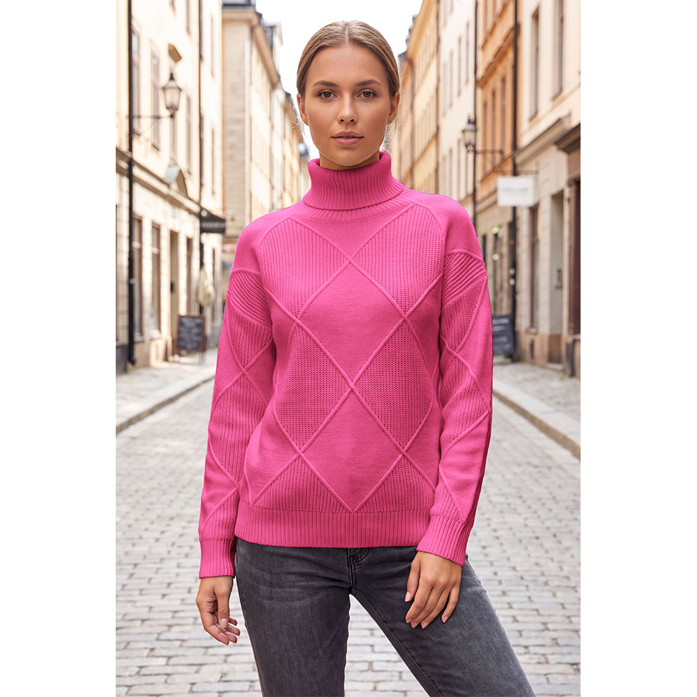 Attraco Women's Turtleneck Diamond Knit Sweater Long Sleeve Ribbed Pullover Cozy Winter Sweater