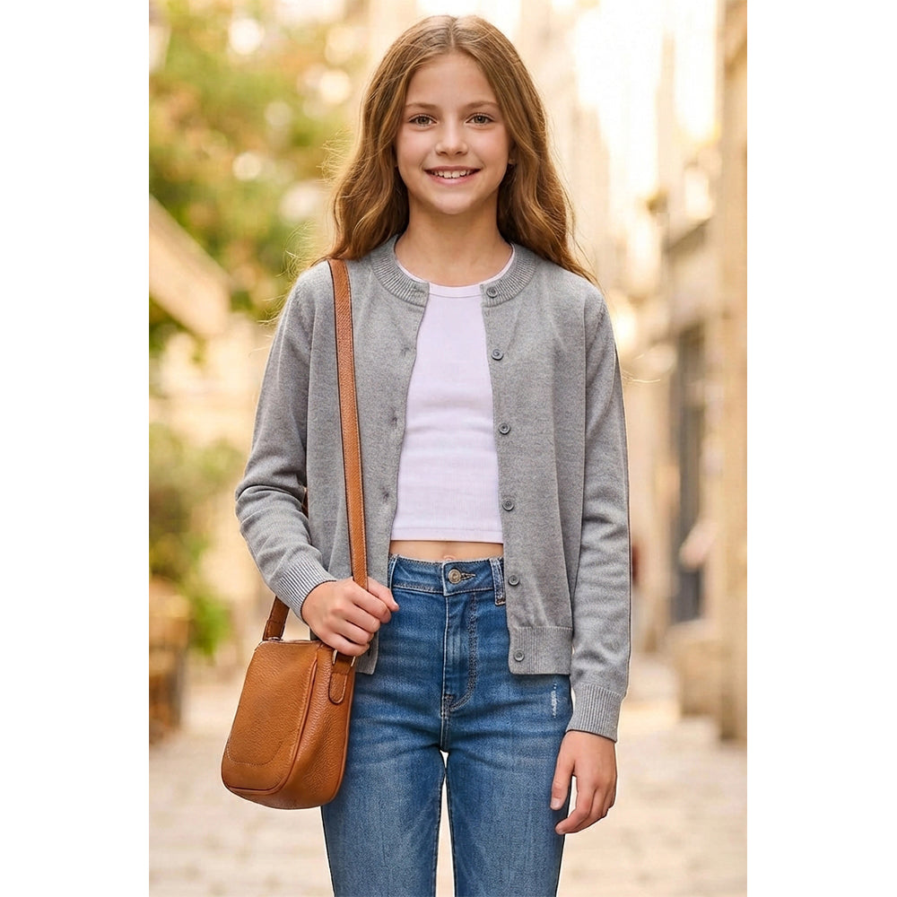 Attraco Kids Girls 100% Cotton Button-Up Knit Cardigan Sweater, Long Sleeve Crewneck School Uniform for Boys & Girls 5-12Years