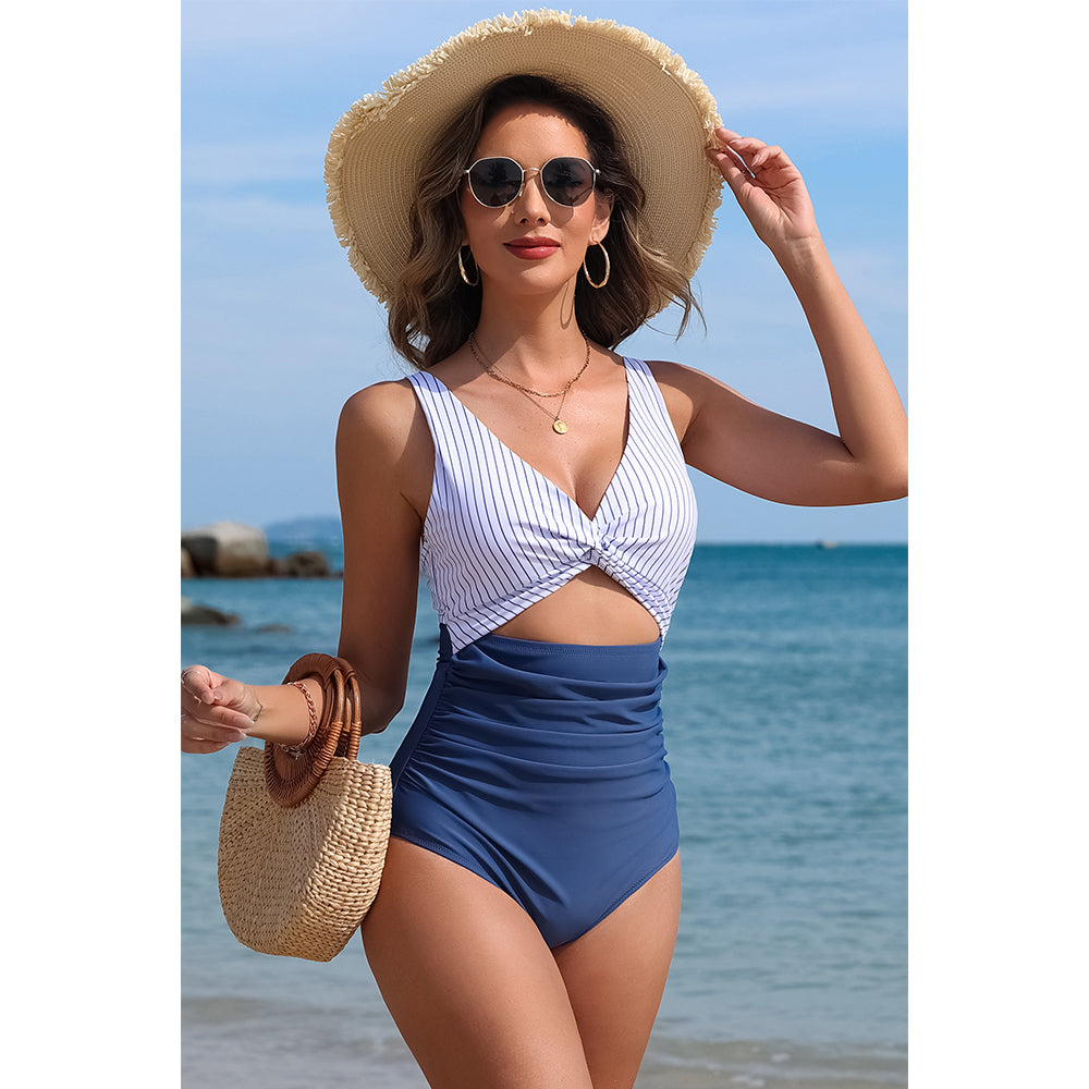 Charmo Women's V-Neck Cross Front Cutout Ruched Tummy Control Striped One Piece Swimsuit with Adjustable Straps
