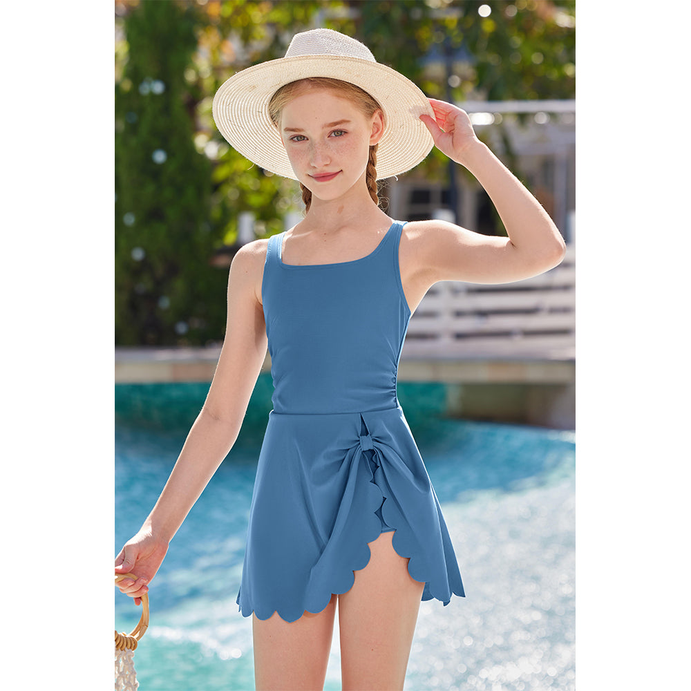 Charmo Girls Square Neck Side Tie One Piece Swimsuit with Built-in Shorts Scalloped Hem Kid's Bathing Suit Size 8-16 Years