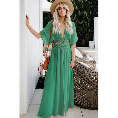 Charmo Women's Short Sleeve Maxi Cover Up Dress with Cutout Waist Drawstring & Side Slits