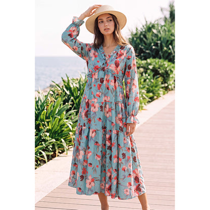 Attraco Women's Floral Print Maxi Dress Long Sleeve V Neck Ruffle Tiered Dress