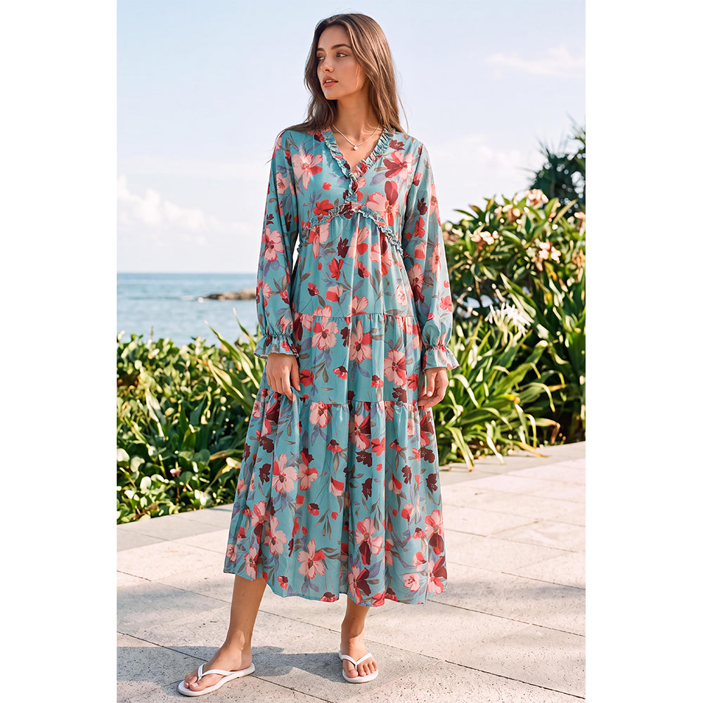 Attraco Women's Floral Print Maxi Dress Long Sleeve V Neck Ruffle Tiered Dress