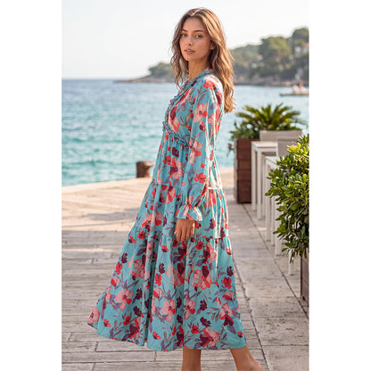 Attraco Women's Floral Print Maxi Dress Long Sleeve V Neck Ruffle Tiered Dress