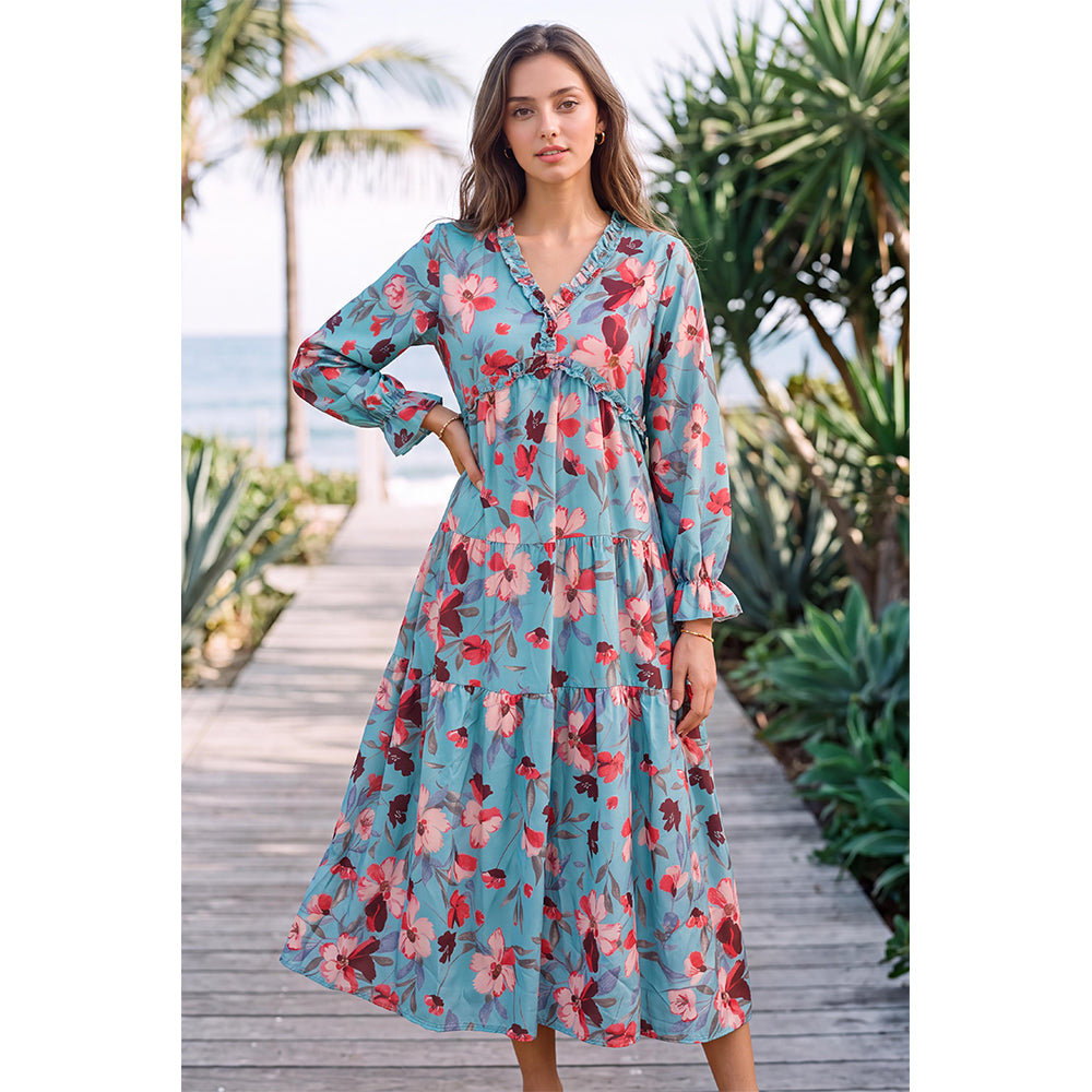 Attraco Women's Floral Print Maxi Dress Long Sleeve V Neck Ruffle Tiered Dress