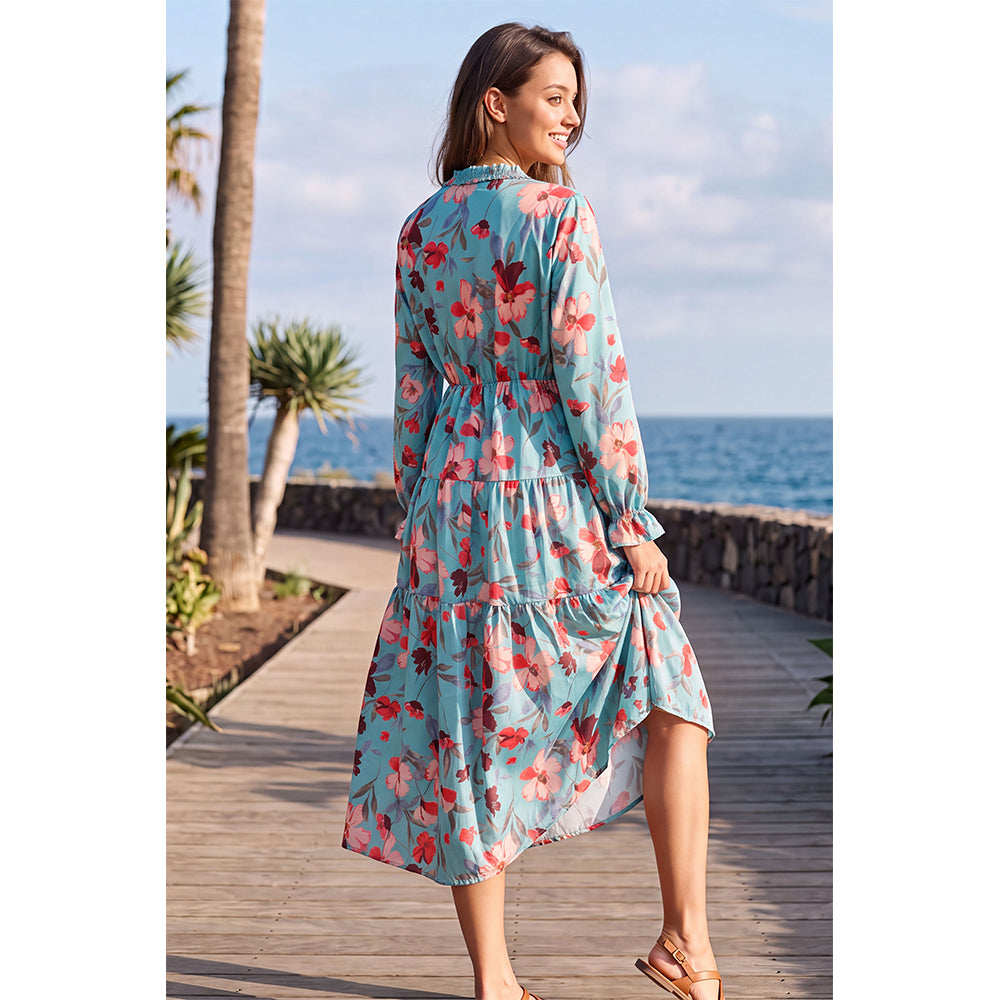 Attraco Women's Floral Print Maxi Dress Long Sleeve V Neck Ruffle Tiered Dress