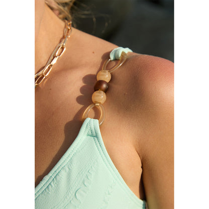 Charmo Women's Textured Light Mint Green One-Piece Swimsuit with Beaded Shoulder Straps