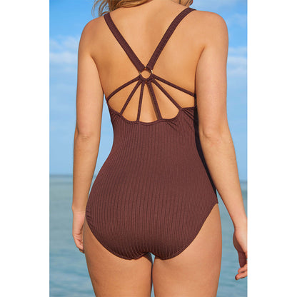 Charmo Women's Ribbed V Neck Geometric Cutout Back One Piece Swimsuits