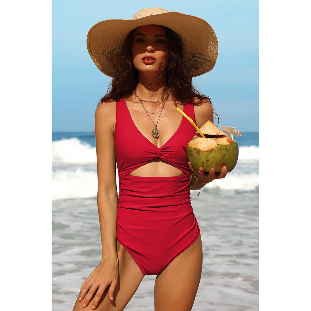 Charmo Women's Twist Front Cutout Cutout Design Ruched One-Piece Swimsuit with Adjustable Straps & Open Back Bathing Suit