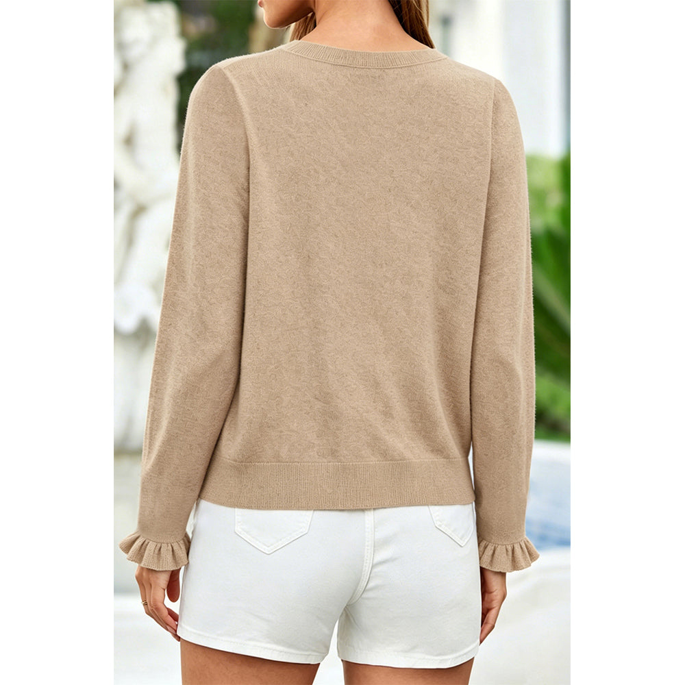 Attraco Women's Long Sleeve Ruffle Trim Cardigan Sweater Button Front Knit Top