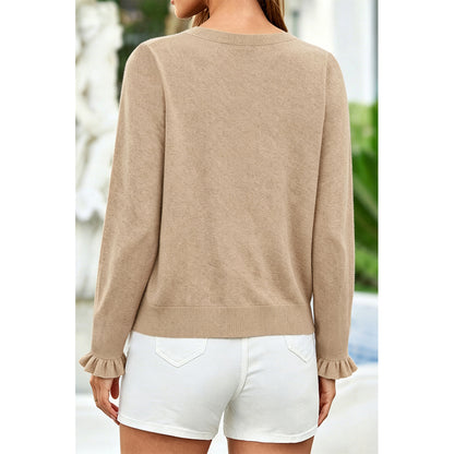Attraco Women's Long Sleeve Ruffle Trim Cardigan Sweater Button Front Knit Top