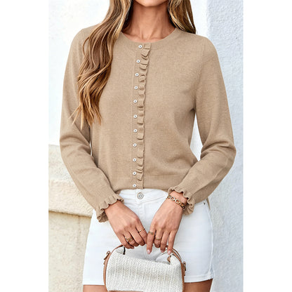 Attraco Women's Long Sleeve Ruffle Trim Cardigan Sweater Button Front Knit Top
