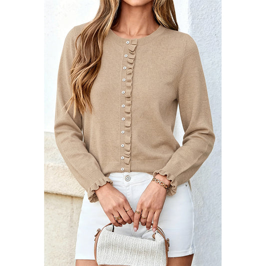 Attraco Women's Long Sleeve Ruffle Trim Cardigan Sweater Button Front Lightweight Knit Top