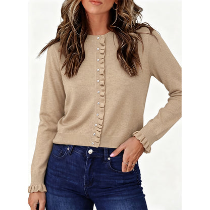 Attraco Women's Long Sleeve Ruffle Trim Cardigan Sweater Button Front Knit Top
