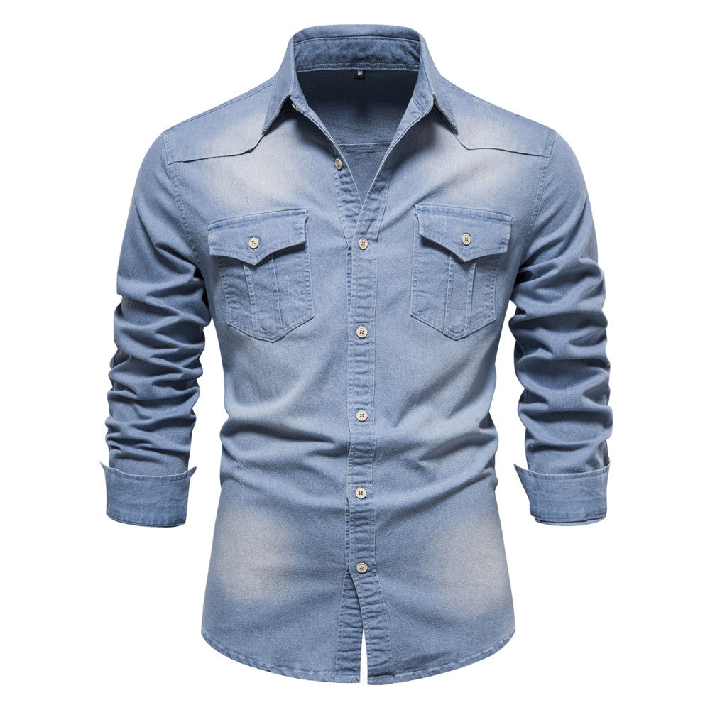 Attraco Men's Classic Slim Fit Long Sleeve Button Front Lapel Denim Shirt with Two Chest Pockets