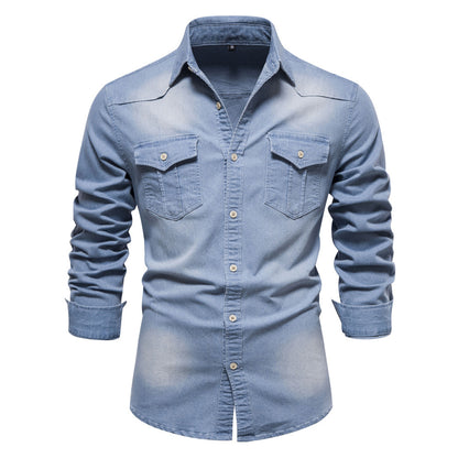 Attraco Men's Classic Slim Fit Long Sleeve Button Front Lapel Denim Shirt with Two Chest Pockets