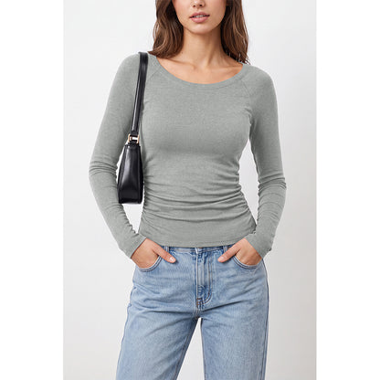 Attraco Women's Long Sleeve Scoop Neck Top with Built-in Bra Pads and Side Ruched Detail
