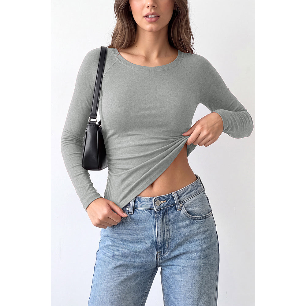Attraco Women's Long Sleeve Scoop Neck Top with Built-in Bra Pads and Side Ruched Detail
