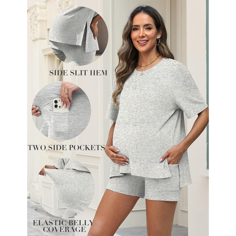 Attraco Maternity Two Piece Side Slit Short Sleeve Lounge Set with Pocketed High Waist Shorts