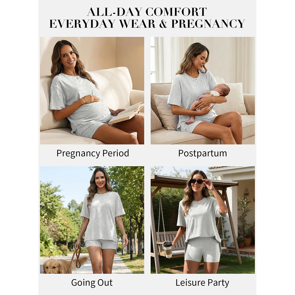 Attraco Maternity Two Piece Side Slit Short Sleeve Lounge Set with Pocketed High Waist Shorts