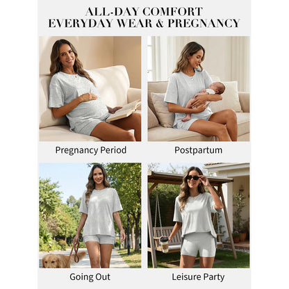 Attraco Maternity Two Piece Side Slit Short Sleeve Lounge Set with Pocketed High Waist Shorts