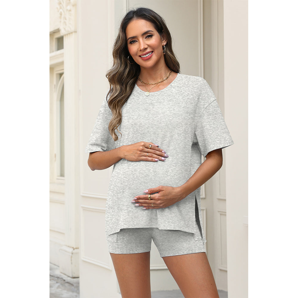Attraco Maternity Two Piece Side Slit Short Sleeve Lounge Set with Pocketed High Waist Shorts