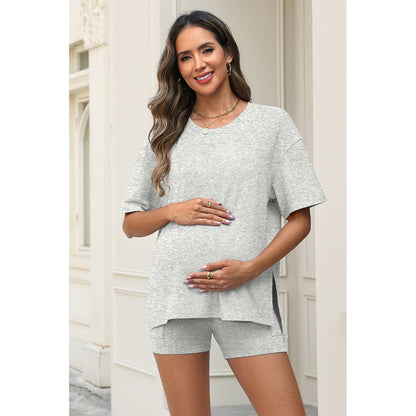 Attraco Maternity Two Piece Side Slit Short Sleeve Lounge Set with Pocketed High Waist Shorts