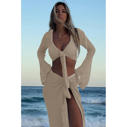 Charmo Women's Crochet Knit Tie Front Cropped Top and Wrap Skirt Set Two Piece Beach Cover Up Set