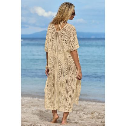 Charmo Women's Crochet Hollow Out V Neck Batwing Sleeves & High Side Slits Cover Ups