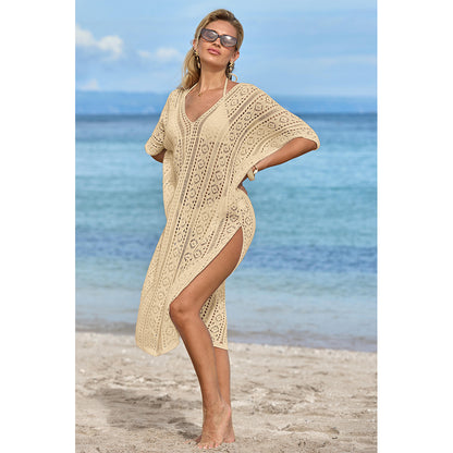 Charmo Women's Crochet Hollow Out V Neck Batwing Sleeves & High Side Slits Cover Ups