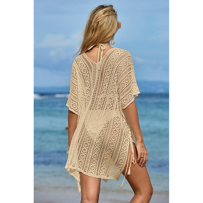 Charmo Women's Crochet Hollow Out Batwing Sleeves Cover Ups with Adjustable Side Slit Drawstrings Beach Wear