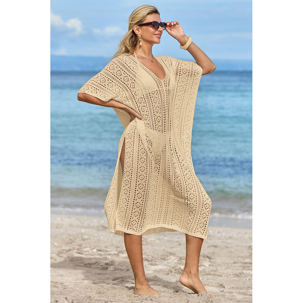 Charmo Women's Crochet Hollow Out V Neck Batwing Sleeves & High Side Slits Cover Ups