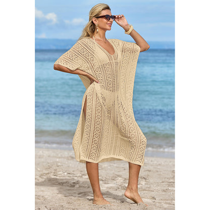 Charmo Women's Crochet Hollow Out V Neck Batwing Sleeves & High Side Slits Cover Ups