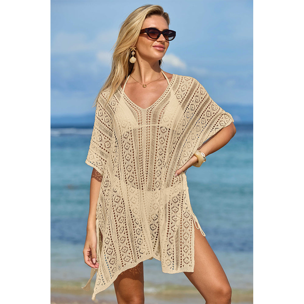 Charmo Women's Crochet Hollow Out Batwing Sleeves Cover Ups with Adjustable Side Slit Drawstrings Beach Wear