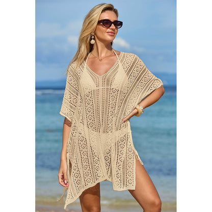 Charmo Women's Crochet Hollow Out Batwing Sleeves Cover Ups with Adjustable Side Slit Drawstrings Beach Wear