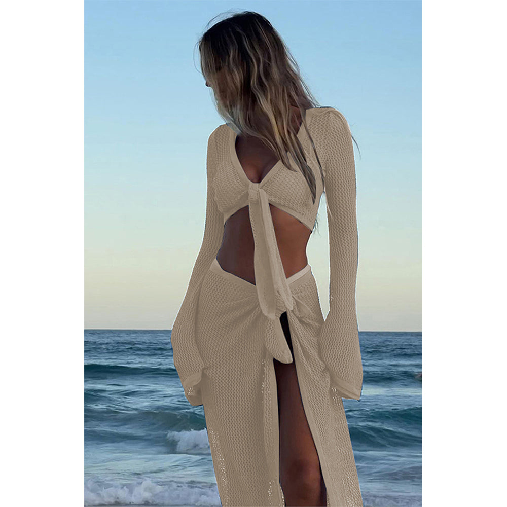 Charmo Women's Crochet Knit Tie Front Cropped Top and Wrap Skirt Set Two Piece Beach Cover Up Set