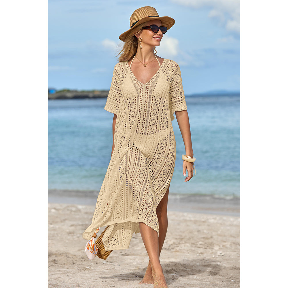 Charmo Women's Crochet Hollow Out V Neck Batwing Sleeves & High Side Slits Cover Ups
