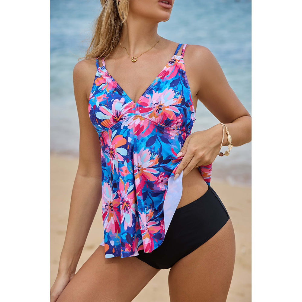 Charmo Women's Floral Print Peplum Tankini Set with V-Neck & Adjustable Straps Two Piece Swimsuit Set