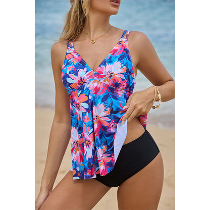 Charmo Women's Floral Print Peplum Tankini Set with V-Neck & Adjustable Straps Two Piece Swimsuit Set