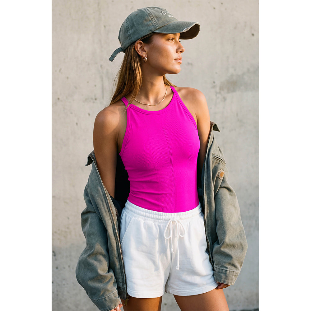 Attraco Women's Seamless Workout Tank Tops with Built in Bra Crew Neck Basic Ribbed Tank Top Racerback Athletic Camisole