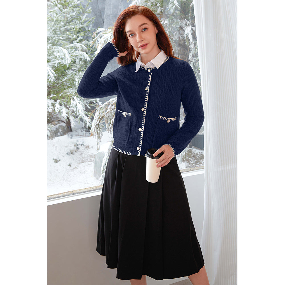 V For City Women's Tweed Jacket Cardigan Blazers Round Neck Long Sleeve Button Down Sweater Coat with Pockets