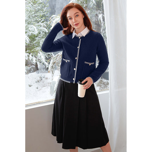 V For City Women's Tweed Jacket Cardigan Blazers Round Neck Long Sleeve Button Down Sweater Coat with Pockets