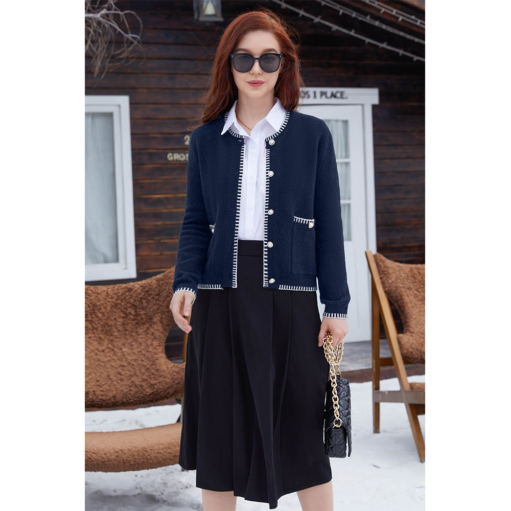 V For City Women's Tweed Jacket Cardigan Blazers Round Neck Long Sleeve Button Down Sweater Coat with Pockets