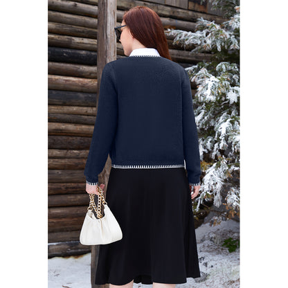 V For City Women's Tweed Jacket Cardigan Blazers Round Neck Long Sleeve Button Down Sweater Coat with Pockets