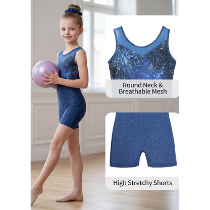 Charmo Girls' Mesh Panel Printed Bike Short Gymnastics Biketard Leotard Activewear Dancewear