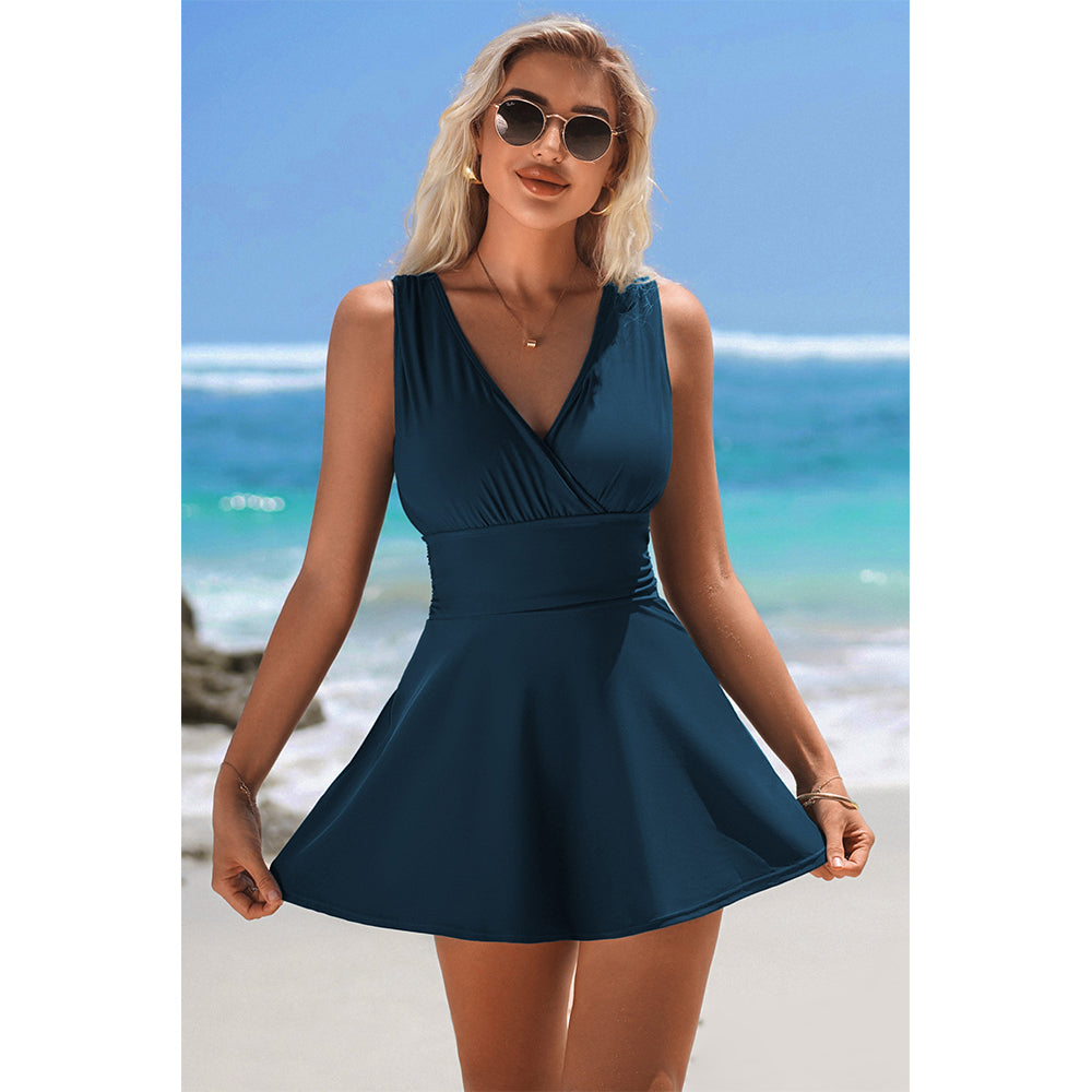 Charmo Women's Sleeveless V Neck Wrapped One Piece Swimsuit wiht Built In Bottom & Ruched Waist Swim Dress