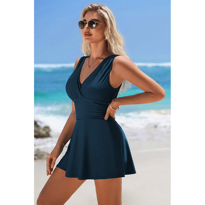 Charmo Women's Sleeveless V Neck Wrapped One Piece Swimsuit wiht Built In Bottom & Ruched Waist Swim Dress