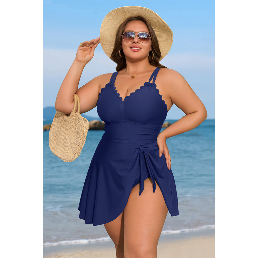 Plus Size Ruched Scalloped Swim Dress-11214