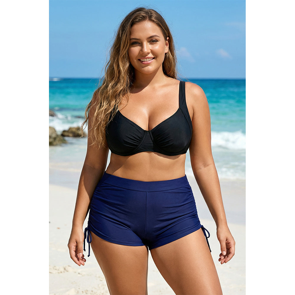 Charmo Women's Plus Size High Waist Ruched Side Tie Swim Shorts Swim Bottom